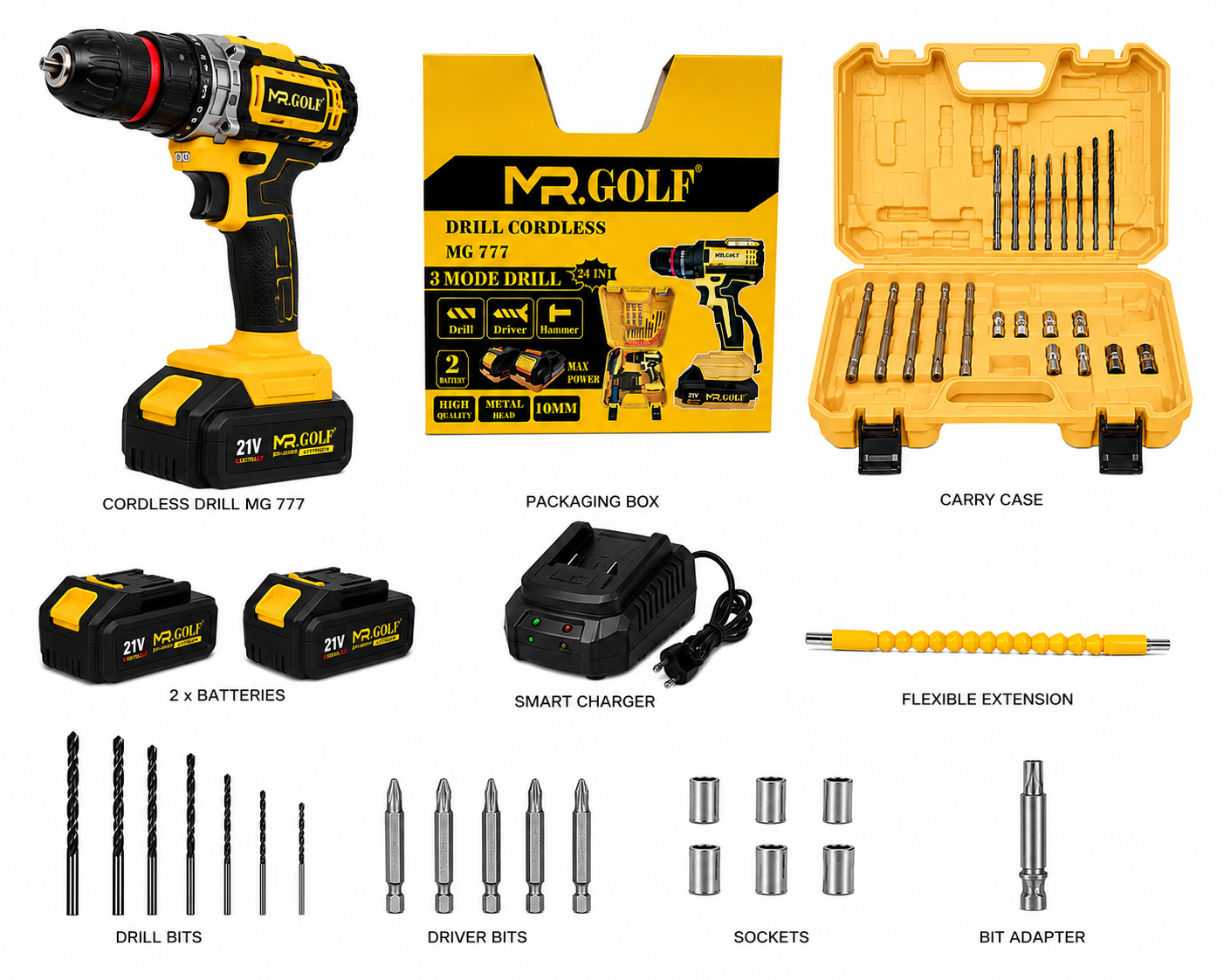 MR.GOLF Cordless Drill MG777 – 24 in 1 Kit with 2 Batteries & Charger Mr Golf