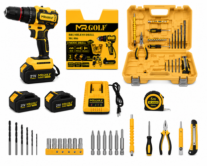 MR. GOLF 3-model drill kit with a yellow and black cordless drill, two 21V batteries, a charger, a tape measure, a drill bit set, driver bits, pliers, screwdrivers, a utility knife, and a hard case on a white background.