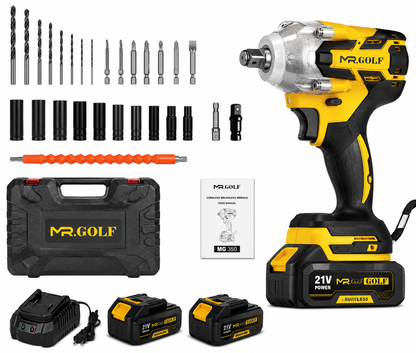 MR.GOLF MG350 Brushless Impact Wrench Kit 25-in-1 Cordless Power Tool with 2 Batteries Mr Golf