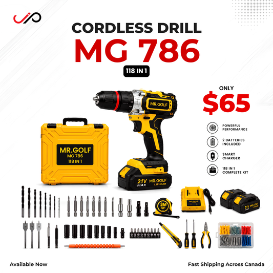 A promotional product image for the MR. GOLF MG 786 cordless drill.