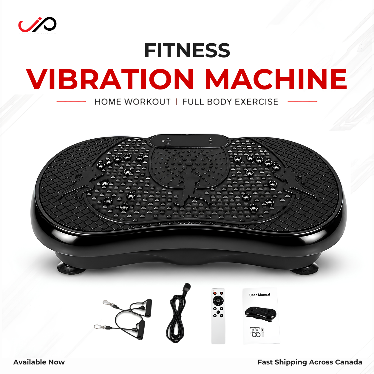 Black vibration platform exercise machine with a textured non-slip surface, shown with accessories including a remote, cable, and user manual on a white background with promotional text.