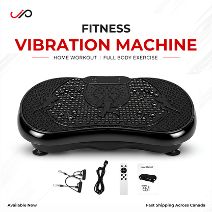 Black vibration platform exercise machine with a textured non-slip surface, shown with accessories including a remote, cable, and user manual on a white background with promotional text.