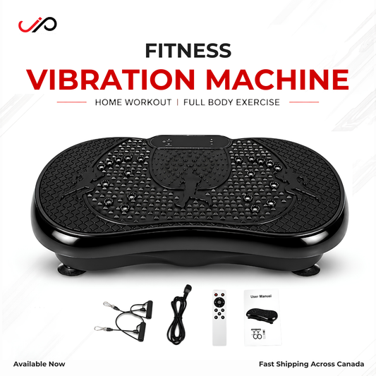 Black vibration platform exercise machine with a textured non-slip surface, shown with accessories including a remote, cable, and user manual on a white background with promotional text.
