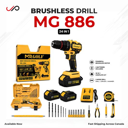 M.GOLF MG 886 Brushless Drill 24-in-1 cordless drill kit with accessories including drill, two batteries, charger, impact wrench, tape measure, drill bits, and sockets, shown on a white background with product text and icons.