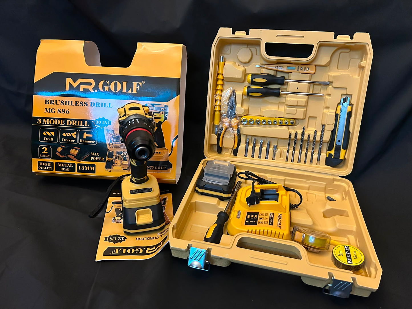 MR.GOLF Brushless Drill MG886 – 30-in-1 Cordless Drill Kit with 2 Batteries & Smart Charger Mr Golf