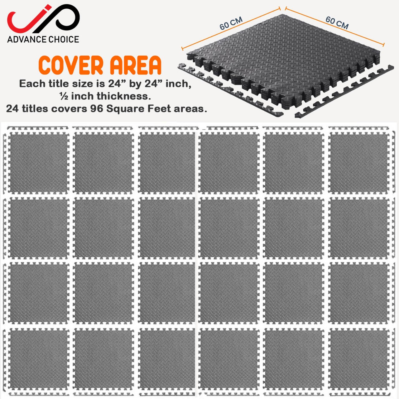 Eva Foam Interlocking Puzzle Exercise Floor Mat - 2 x 2 Feet, 1/2 inch thickness, Pack of 24 Tiles, 96 Sq Ft Cover Area