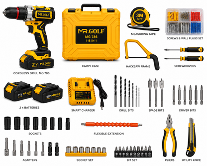 A 118-piece cordless power drill kit by MR-GOLF, featuring a yellow and black cordless drill, a matching yellow and black hard carrying case, two 21V lithium-ion batteries, a smart charger, various drill bits, sockets, adapters, a flexible extension, pliers, utility knife, and screwdriver bits, all arranged neatly on a white background.