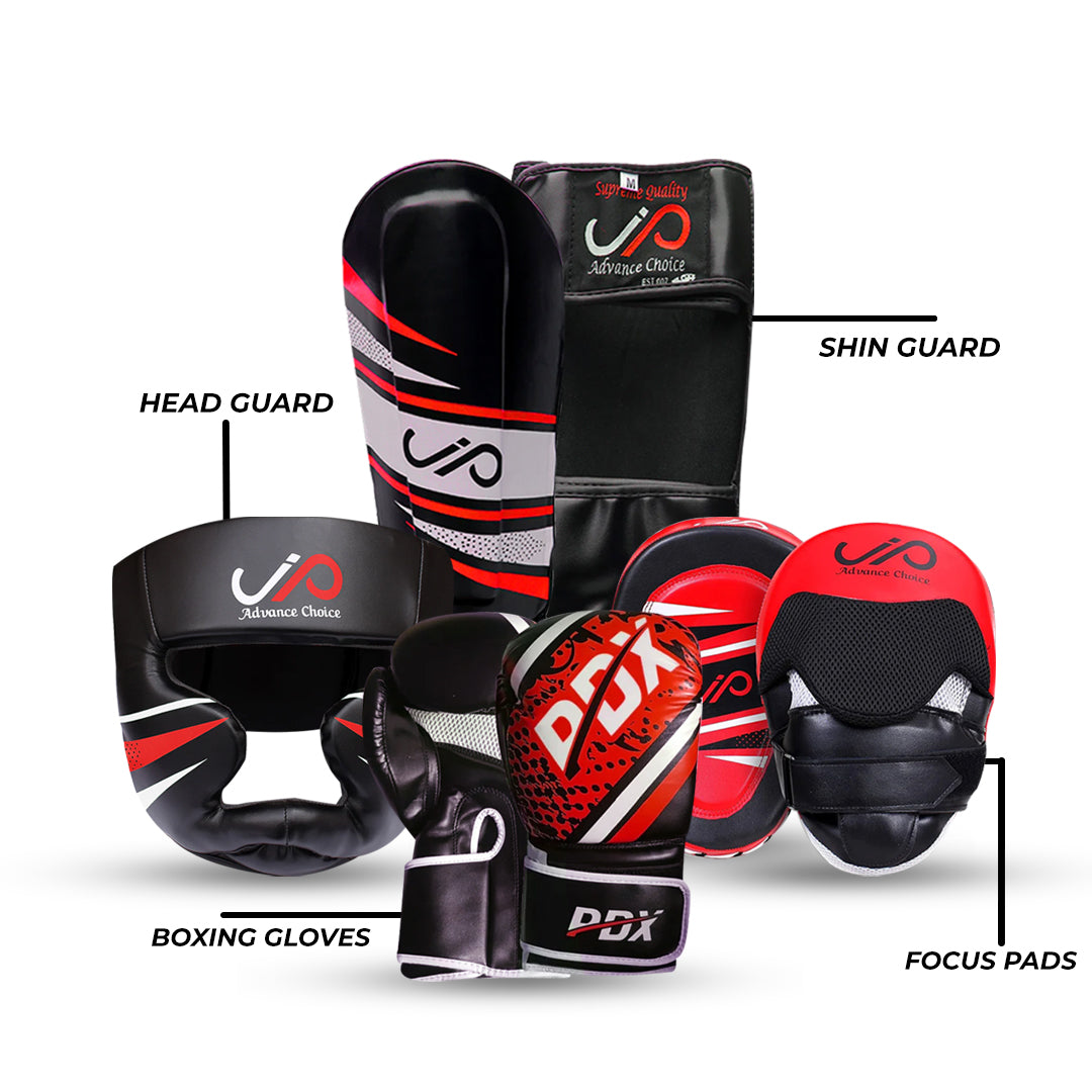 JP 4PCS MMA Adult Head Guard, Shin, Focus Mitt & Boxing Gloves