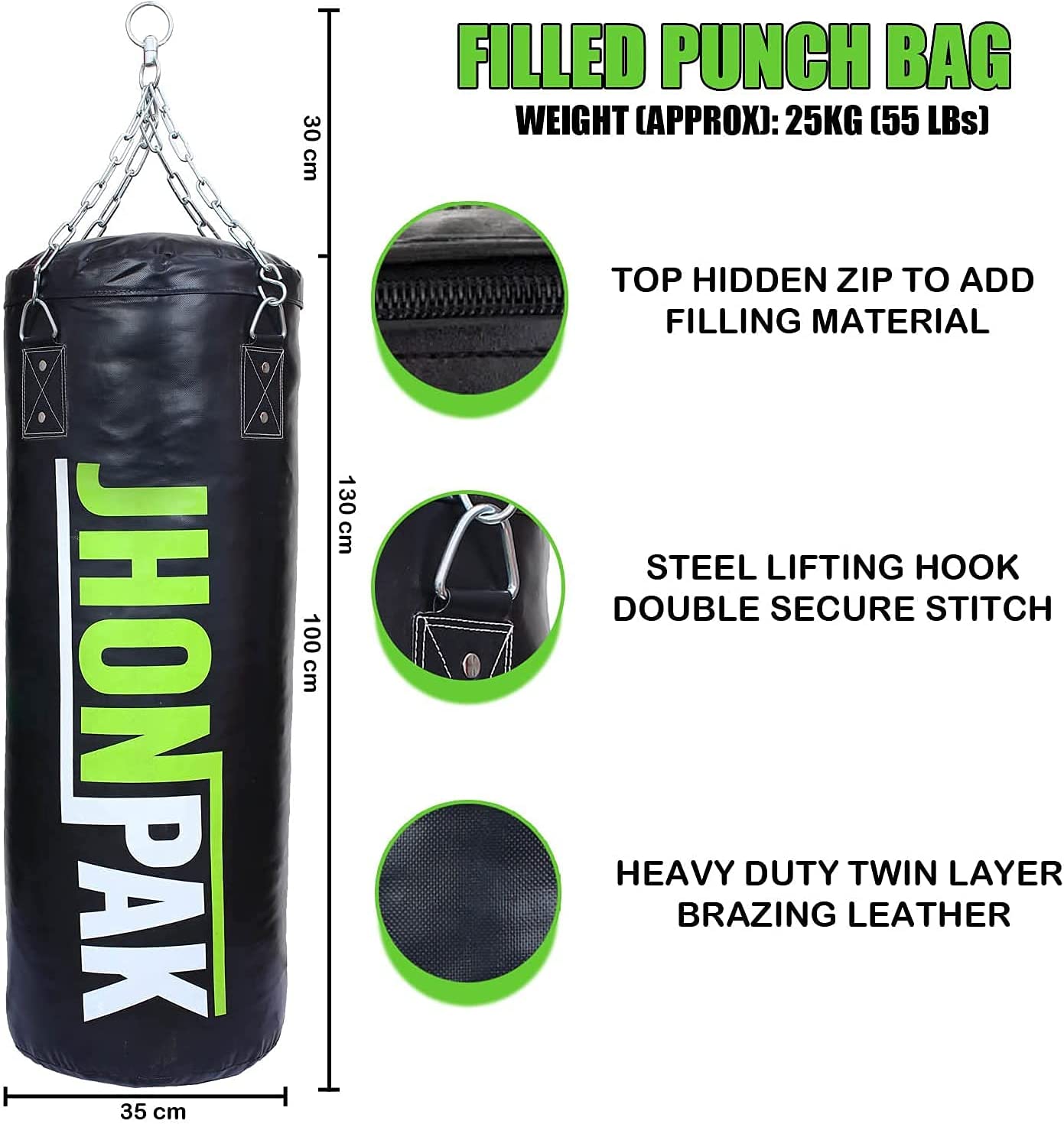 JP Filled Punching Bag – 100cm 25kg Heavy Boxing Punch Bag with Hanging Chain
