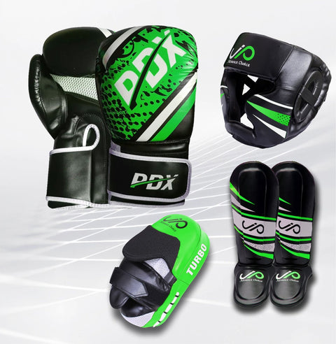 JP 4PCS MMA Adult Head Guard, Shin, Focus Mitt & Boxing Gloves